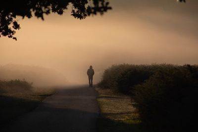 Silhouette man on footpath by road against sky during sunset