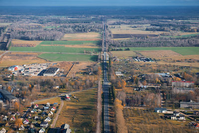 High angle view of road amidst buildings in city