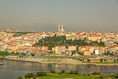 River amidst buildings against sky in city