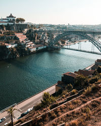 High angle view of bridge over river by buildings in city