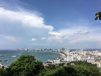 Panoramic view of buildings against cloudy sky