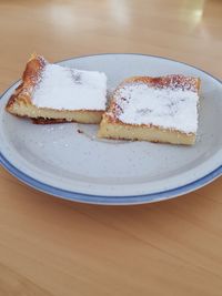 High angle view of cake in plate on table