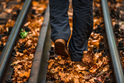 Low section of man walking on railroad track during autumn