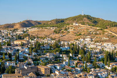 High angle view of townscape against clear sky