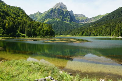 Scenic view of lake and mountains against sky