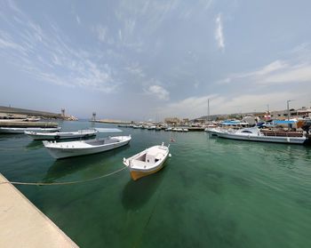 Sailboats moored in harbor