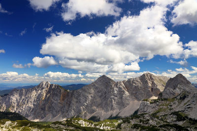 Scenic view of mountains against cloudy sky