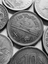 High angle view of coins