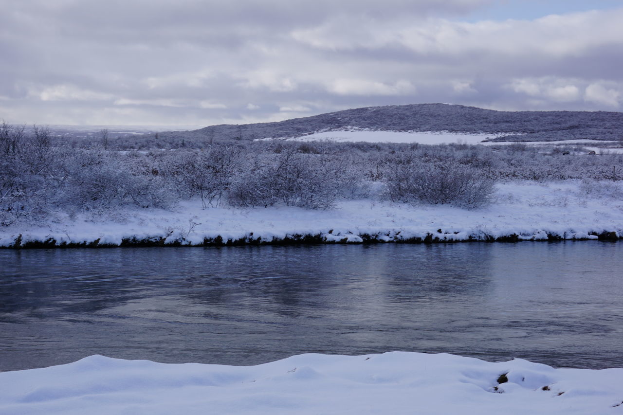 SCENIC VIEW OF LAKE AGAINST SKY DURING WINTER
