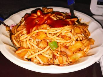 Close-up of noodles in plate