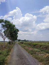 Dirt road amidst field against sky