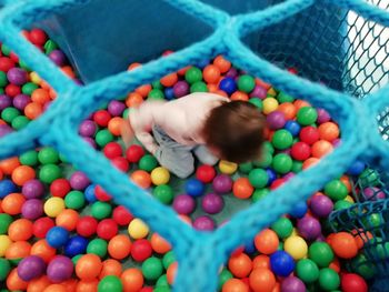 High angle view of boy sleeping