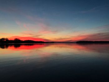 Scenic view of lake against romantic sky at sunset