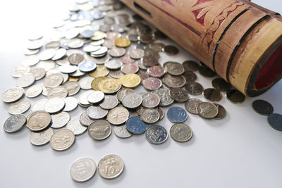 Close-up of coins on table