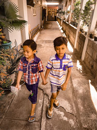 High angle view of men standing outdoors