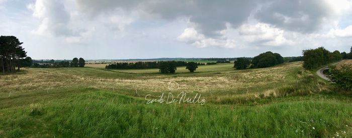 Panoramic view of agricultural field against sky