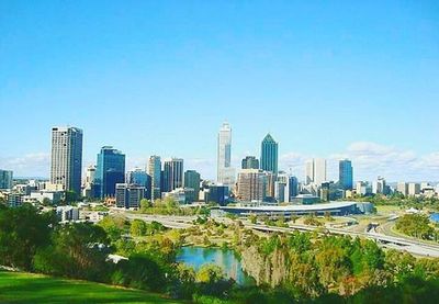 City skyline with skyscrapers in background