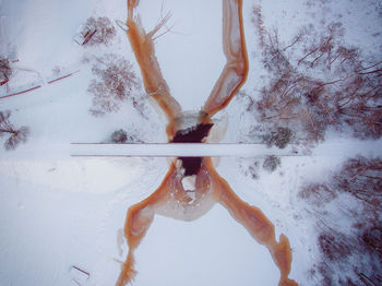 Directly above shot of railroad track on snow covered landscape