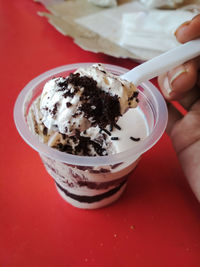 Close-up of hand holding ice cream