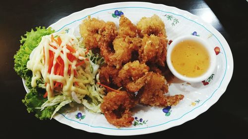 High angle view of meal served on table