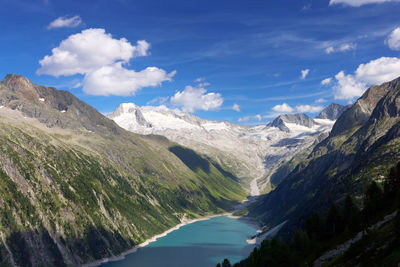 Scenic view of snowcapped mountains against sky