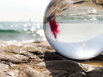 Close-up of water on rock at beach against sky