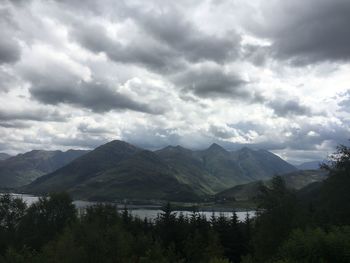 Scenic view of lake and mountains against sky