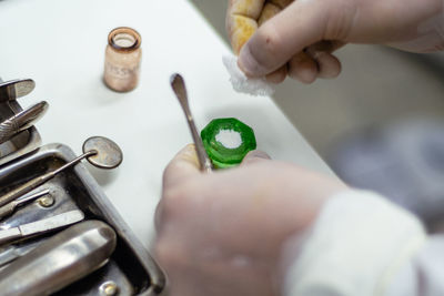 High angle view of person preparing food