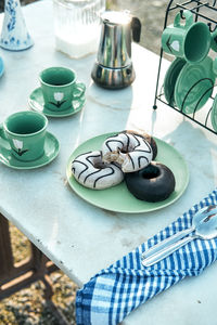 High angle view of coffee cup on table