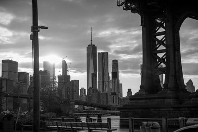 City skyline against cloudy sky