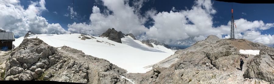 Panoramic view of snowcapped mountains against sky