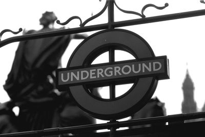 Low angle view of information sign against sky