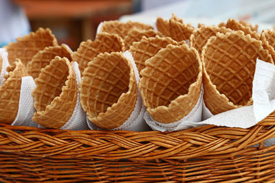 Close-up of ice cream cones in basket