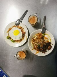 High angle view of breakfast served on table