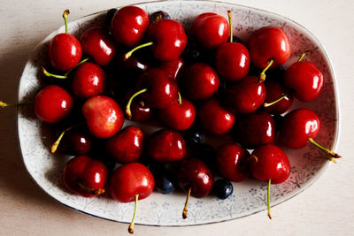 High angle view of cherries in bowl on table