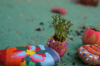 Close-up of multi colored candies on table