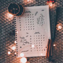 High angle view of text on table