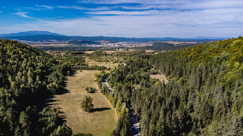 High angle view of trees on landscape against sky