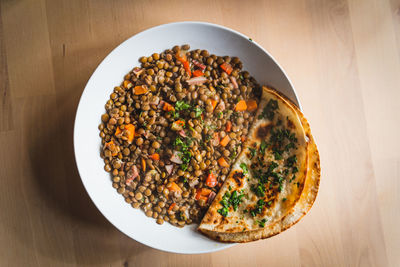 High angle view of food in plate on table