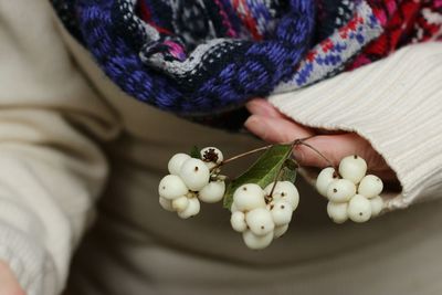 Close-up of hand holding white berries 