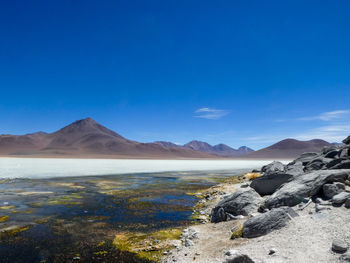 Rocky beach by lagoon with mountains against clear sky