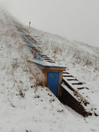 Abandoned vehicle on snow covered land against sky