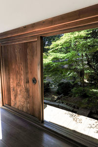 Trees seen through window of house