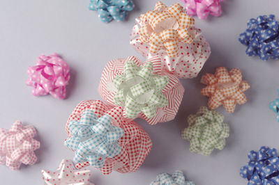 High angle view of candies on table