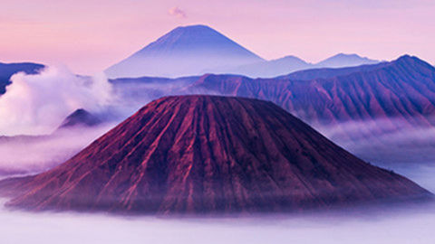 mountain, volcano, landscape, stratovolcano, beauty in nature, scenics - nature, environment, geology, land, nature, sky, cinder cone, travel destinations, no people, lava dome, volcanic crater, mountain peak, fog, morning, active volcano, outdoors, volcanic landscape, travel, sunrise, non-urban scene, smoke, cloud, tranquility, twilight