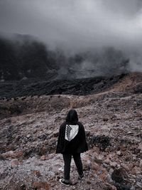 Rear view of boy on landscape against mountain