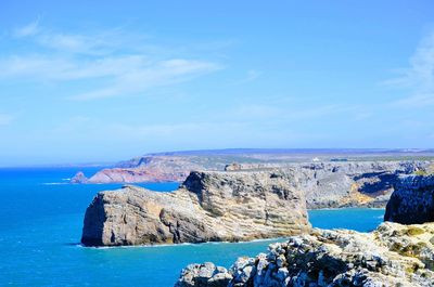 Scenic view of sea and rocks against blue sky