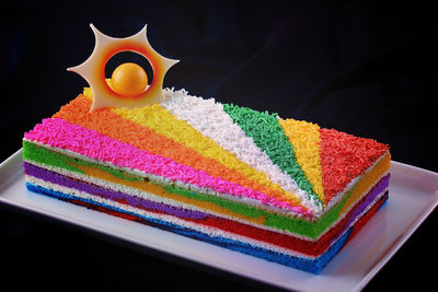 High angle view of multi colored cake