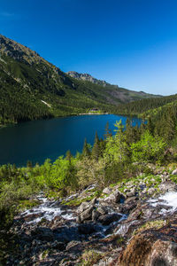 Scenic view of lake against clear blue sky