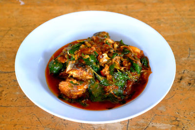 High angle view of food in bowl on table